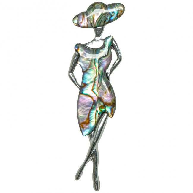 Broche femme en robe et chapeau avec nacre abalone