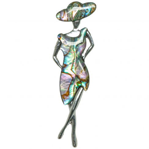 Broche femme en robe et chapeau avec nacre abalone