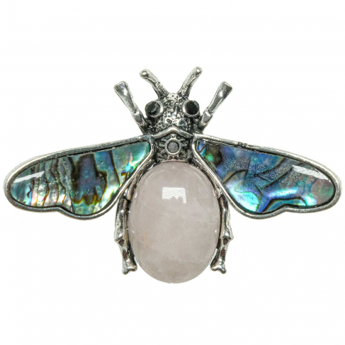 Broche abeille avec quartz rose et nacre abalone
