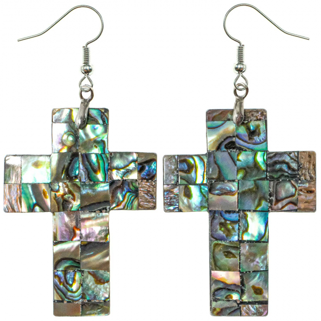 Boucles d'oreilles croix crucifix en nacre abalone