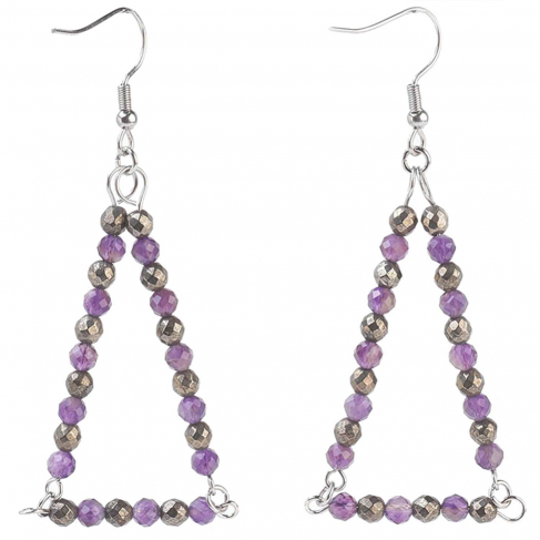 Boucles d'oreilles triangle avec perles d'améthyste et pyrite