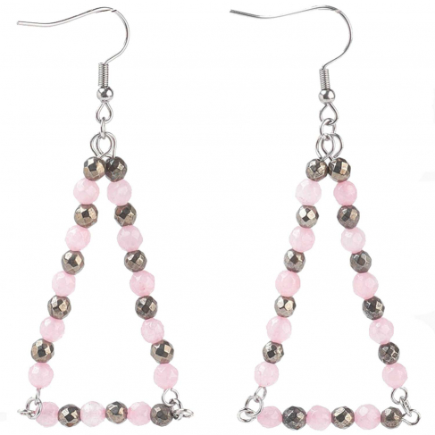 Boucles d'oreilles triangle avec perles de quartz rose et pyrite