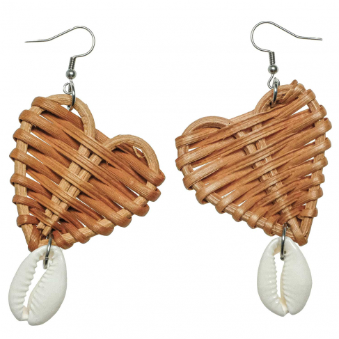 Boucles d'oreilles coeur en rotin avec coquillage cauri