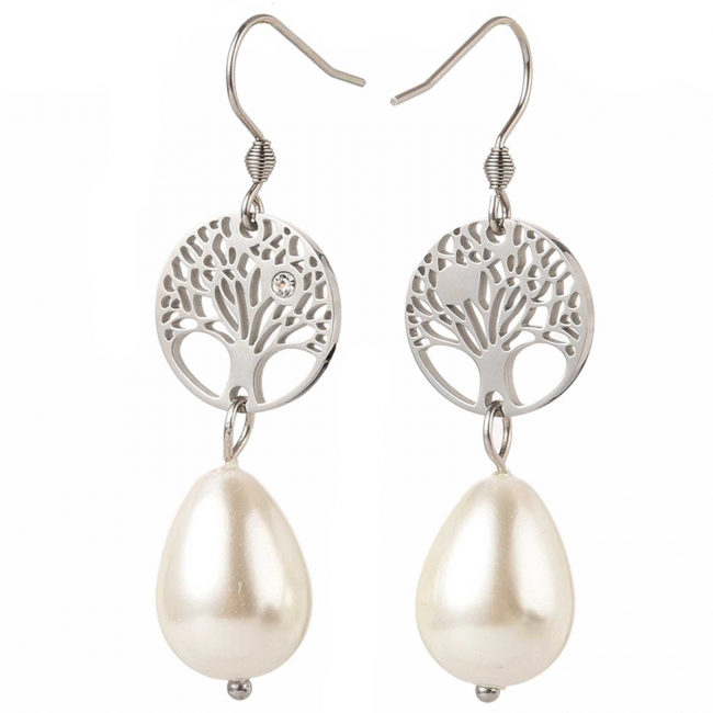 Boucles d'oreilles avec perle de culture et arbre de vie