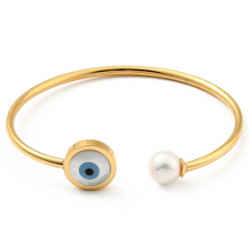 Bracelet manchette doré ouvert protection mauvais oeil nacre et perle du culture