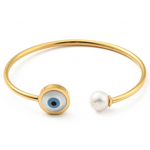 Bracelet manchette doré ouvert protection mauvais oeil nacre et perle du culture