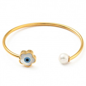 Bracelet manchette doré ouvert protection mauvais oeil fleur nacre et perle du culture