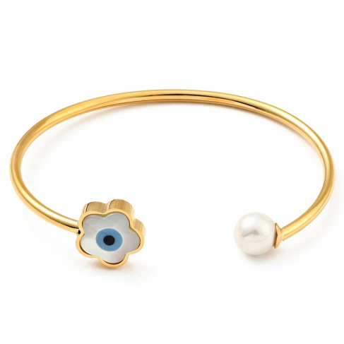 Bracelet manchette doré ouvert protection mauvais oeil fleur nacre et perle du culture