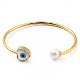 Bracelet manchette doré ouvert protection mauvais oeil coeur nacre et perle du culture