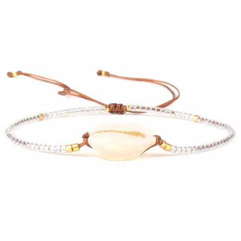 Bracelet fin coulissant avec coquillage cauri et perles de rocailles