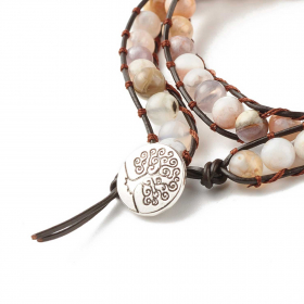 Bracelet wrap 2 tours avec perles d'agate bambou sur cordon cuir arbre de vie 