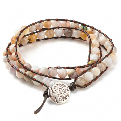 Bracelet wrap 2 tours avec perles d'agate bambou sur cordon cuir arbre de vie 