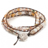 Bracelet wrap 2 tours avec perles d'agate bambou sur cordon cuir arbre de vie 