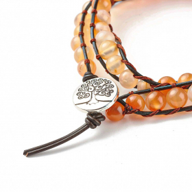 Bracelet wrap 2 tours avec perles de cornaline sur cordon cuir arbre de vie 