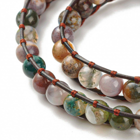 Bracelet wrap 2 tours avec perles de cornaline sur cordon cuir arbre de vie 