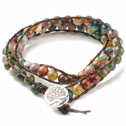 Bracelet wrap 2 tours avec perles de cornaline sur cordon cuir arbre de vie 