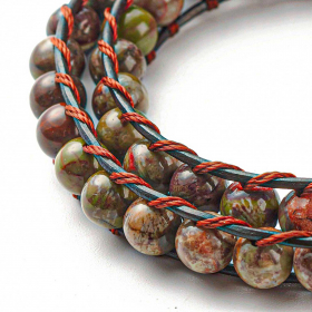 Bracelet wrap 2 tours avec perles d'agate tropicale sur cordon cuir arbre de vie 