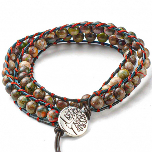 Bracelet wrap 2 tours avec perles d'agate tropicale sur cordon cuir arbre de vie 