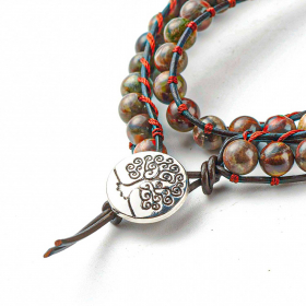 Bracelet wrap 2 tours avec perles d'agate tropicale sur cordon cuir arbre de vie 