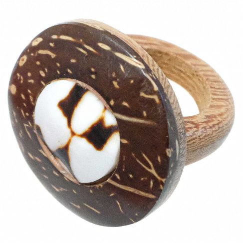 Bague ronde en bois de coco et coquillage incrusté - Modèle 1