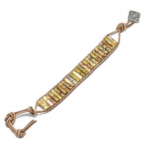 Bracelet wrap colonnes en agate crazy lace et cuir