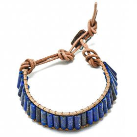 Bracelet wrap colonnes en lapis-lazuli et cuir