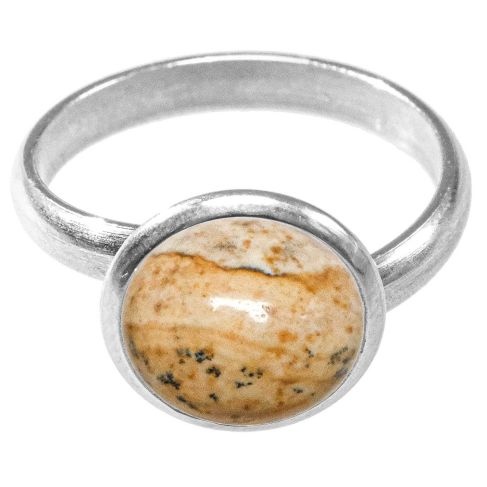 Bague argentée avec cabochon rond en jaspe paysage