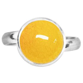 Bague argentée avec cabochon rond en jade teinté jaune
