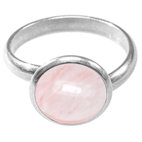 Bague argentée avec cabochon rond en calcédoine rose