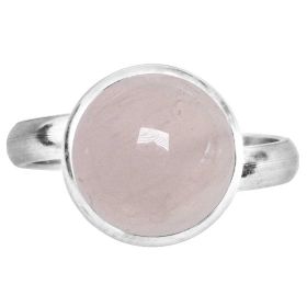 Bague argentée avec cabochon rond en quartz rose