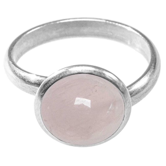 Bague argentée avec cabochon rond en quartz rose