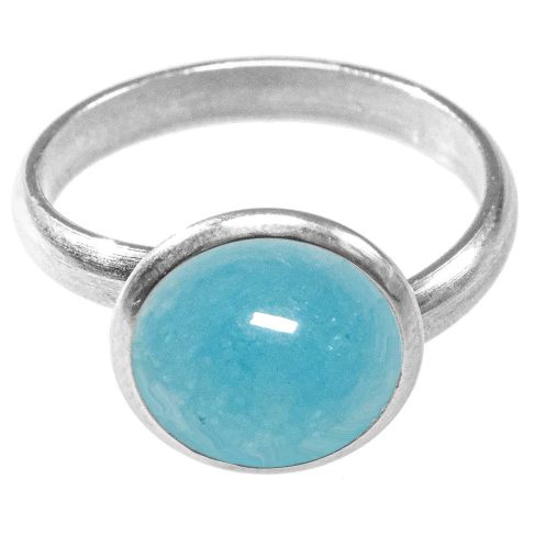 Bague argentée avec cabochon rond en jade teinté bleu
