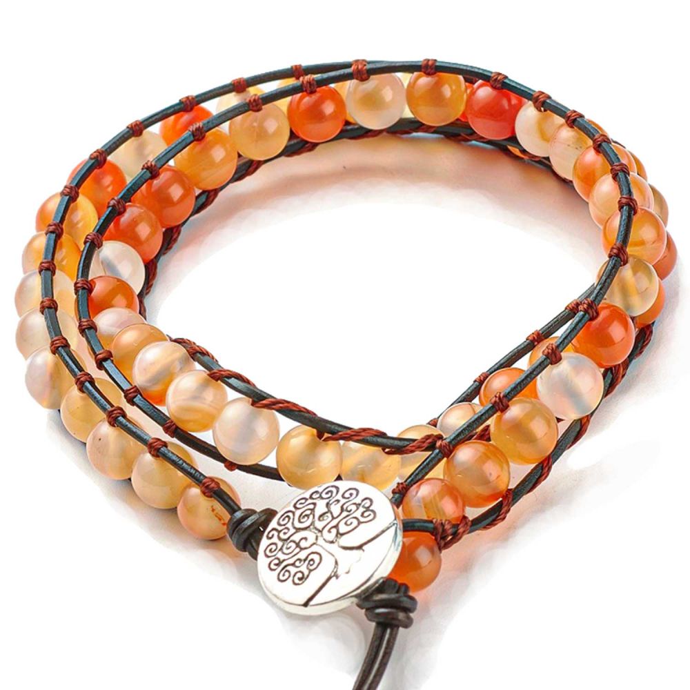 Bracelet wrap 2 tours avec perles d'agate indienne sur cordon cuir arbre de  vie