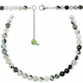 Collier en quartz avec inclusions de tourmaline noire - Perles rondes 8 mm - 43 cm