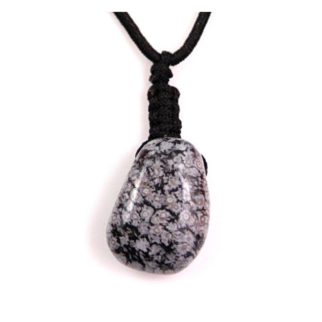 Pendentif pierre roulée percée en obsidienne neige avec cordon
