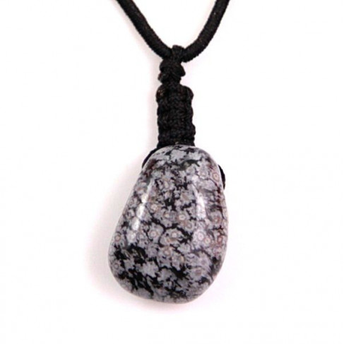 Pendentif pierre roulée percée en obsidienne neige avec cordon
