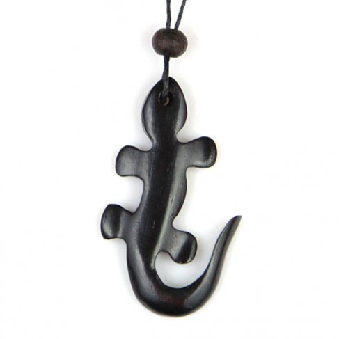 Pendentif salamandre ou gecko en bois avec cordon