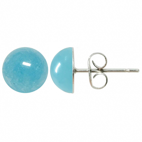 Boucles d'oreilles puces avec cabochon rond en jade teinté bleu