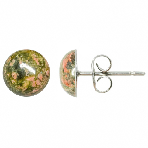 Boucles d'oreilles puces avec cabochon rond en unakite