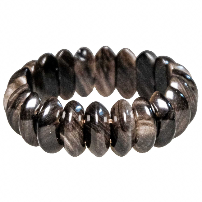 Bracelet de perles bicône arrondies en obsidienne argentée