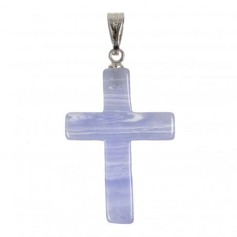 Pendentif croix crucifix en calcédoine bleue