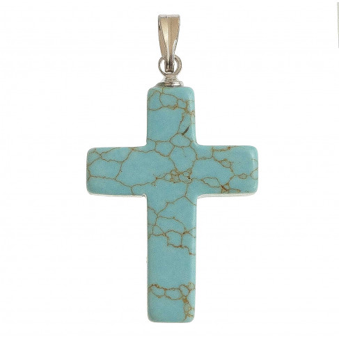Pendentif croix crucifix en howlite teintée bleu