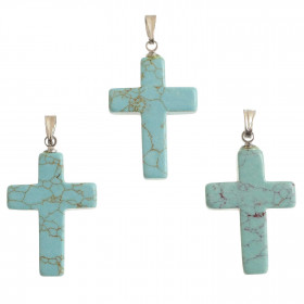 Pendentif croix crucifix en howlite teintée bleu