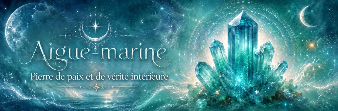 Aigue-marine bleue aux reflets aquatiques dans une ambiance ésotérique et spirituelle