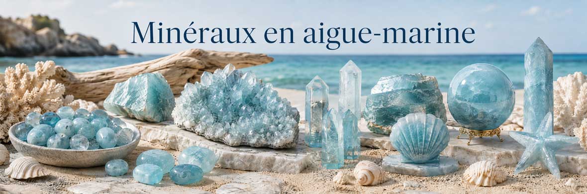 Pierres, cristaux et objets en aigue-marine naturelle