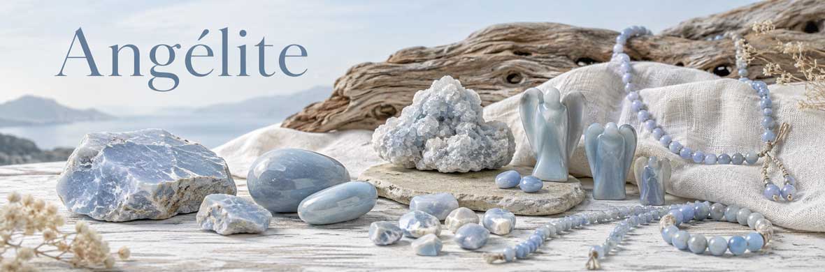 Angélite naturelle bleu pâle sous forme de pierre polie et de cristal