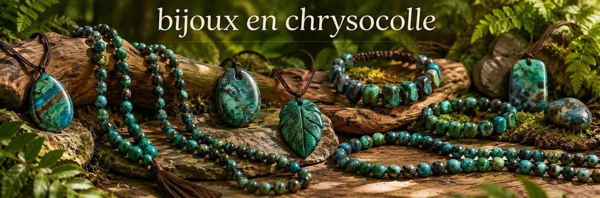 bijoux en chrysocolle naturelle avec bracelets, colliers et pendentifs