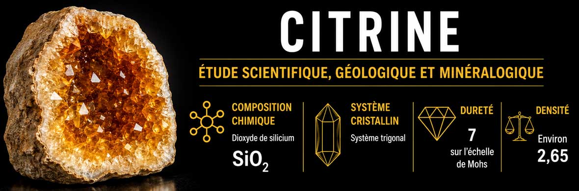 citrine jaune naturelle avec cristaux de quartz et propriétés minéralogiques