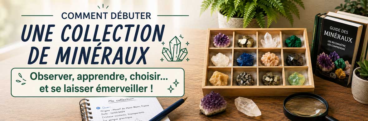 collection de minéraux pour débutant avec quartz, fluorite, pyrite et calcite