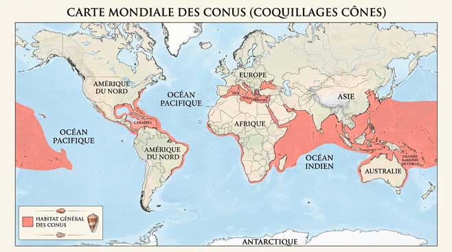 Carte de répartition générale des habitats des coquillages Conus